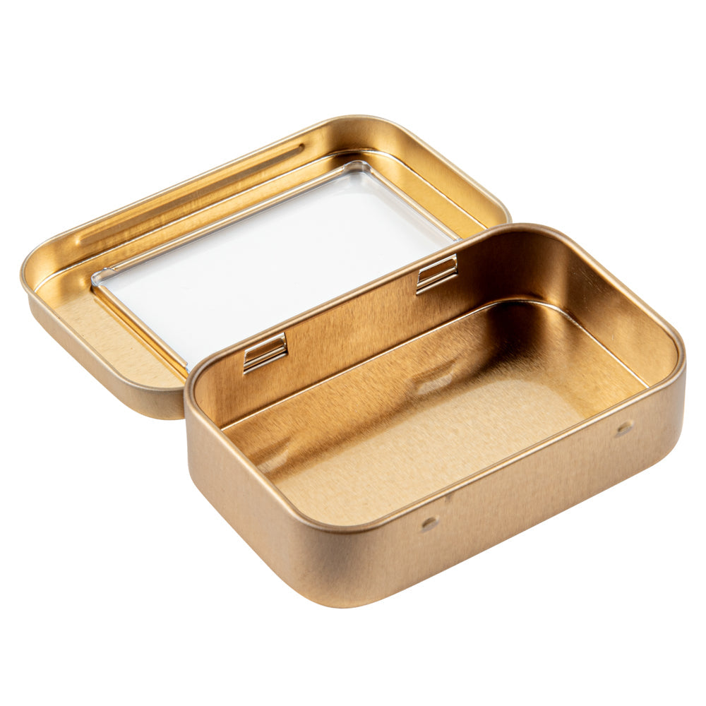 Chef 101 4 oz Rectangle Gold Tin Container - with Window Lid - 10 count box