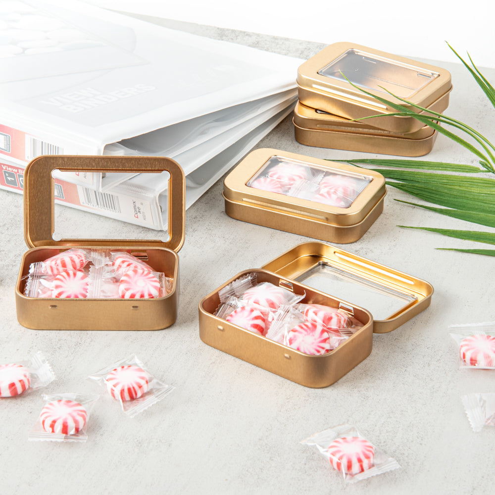 Chef 101 4 oz Rectangle Gold Tin Container - with Window Lid - 100 count box