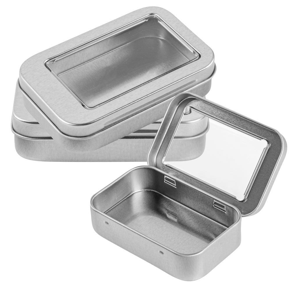 Chef 101 4 oz Rectangle Silver Tin Container - with Window Lid - 100 count box