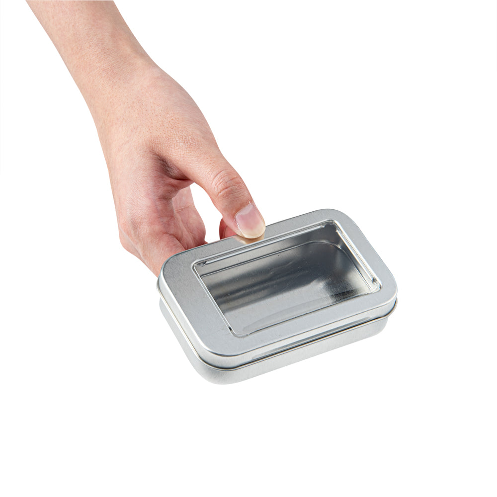 Chef 101 4 oz Rectangle Silver Tin Container - with Window Lid - 100 count box