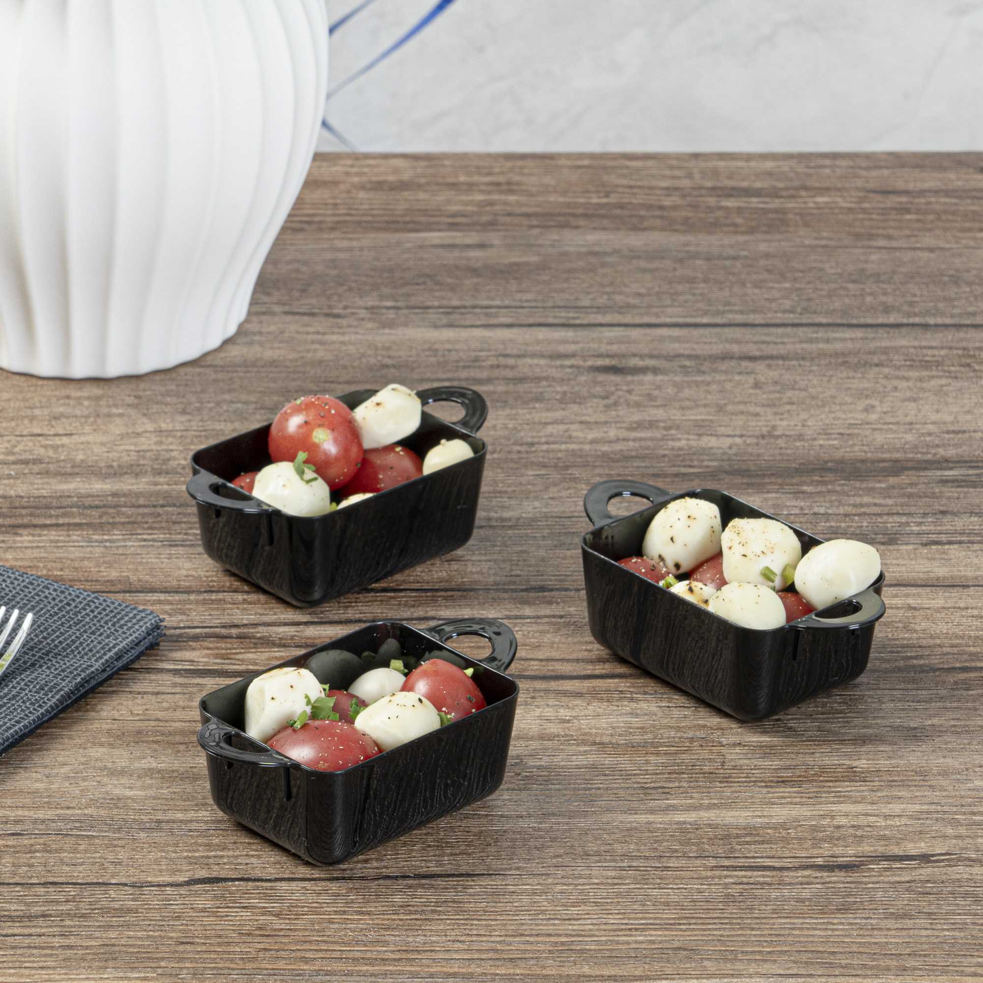 Mini Serve 3 oz Rectangle Black Plastic Cocotte - 3 3/4" x 2" x 1 1/2" - 100 count box