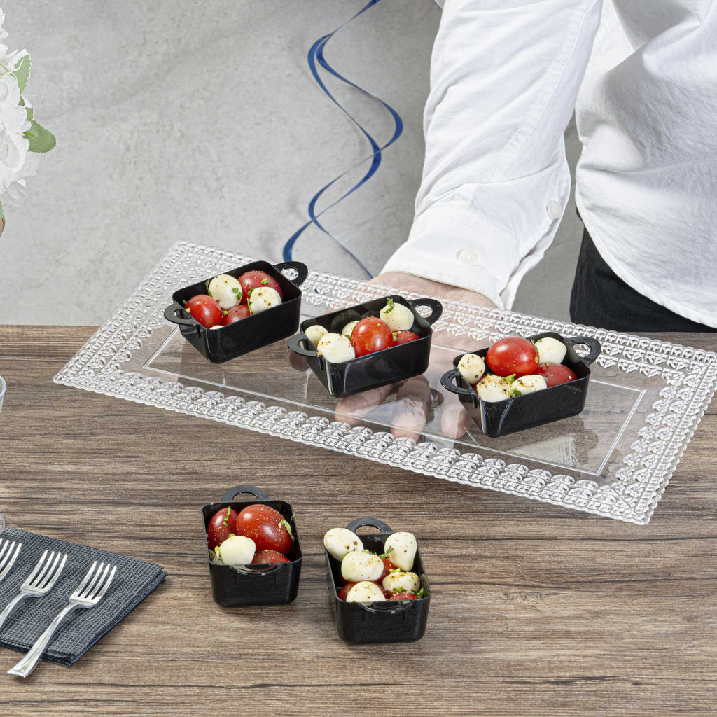Mini Serve 3 oz Rectangle Black Plastic Cocotte - 3 3/4" x 2" x 1 1/2" - 100 count box