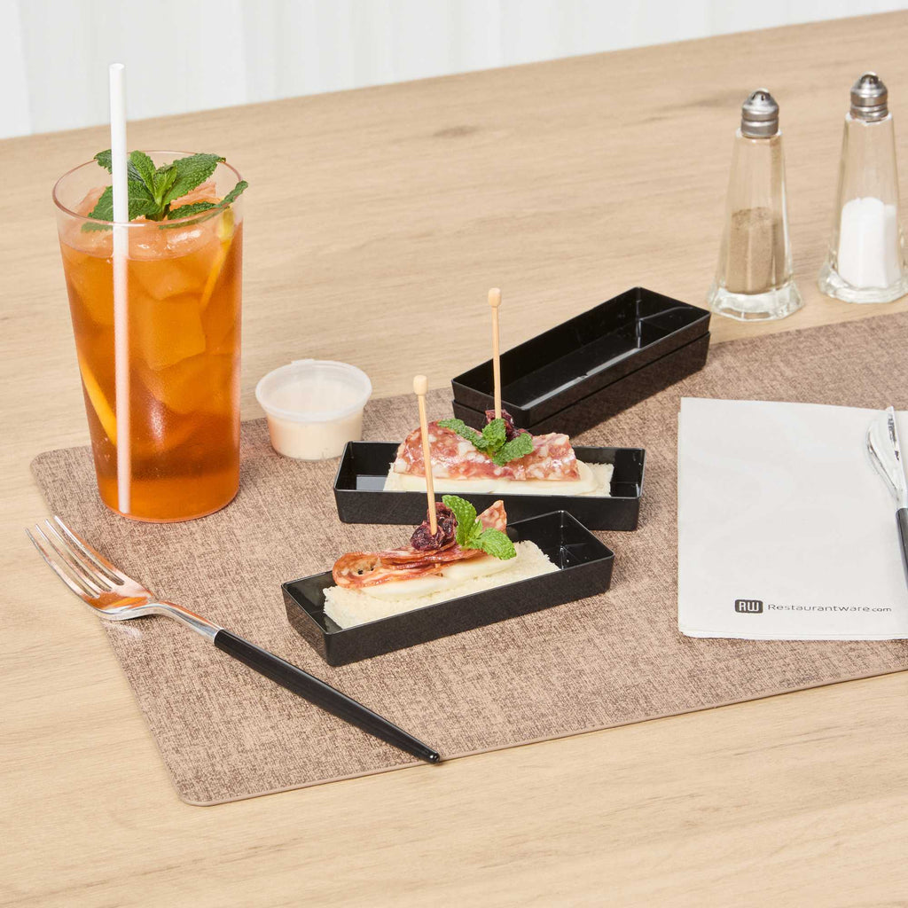 Mini Serve Rectangle Black Plastic Modern Plate - 5 1/4" x 1 3/4" x 3/4" - 100 count box