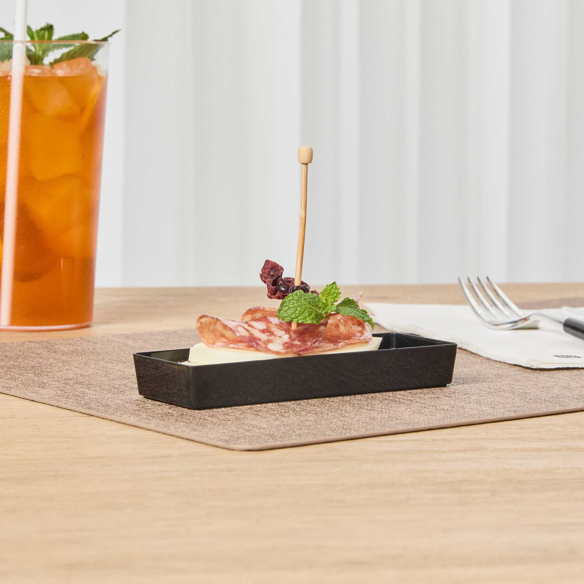 Mini Serve Rectangle Black Plastic Modern Plate - 5 1/4" x 1 3/4" x 3/4" - 100 count box