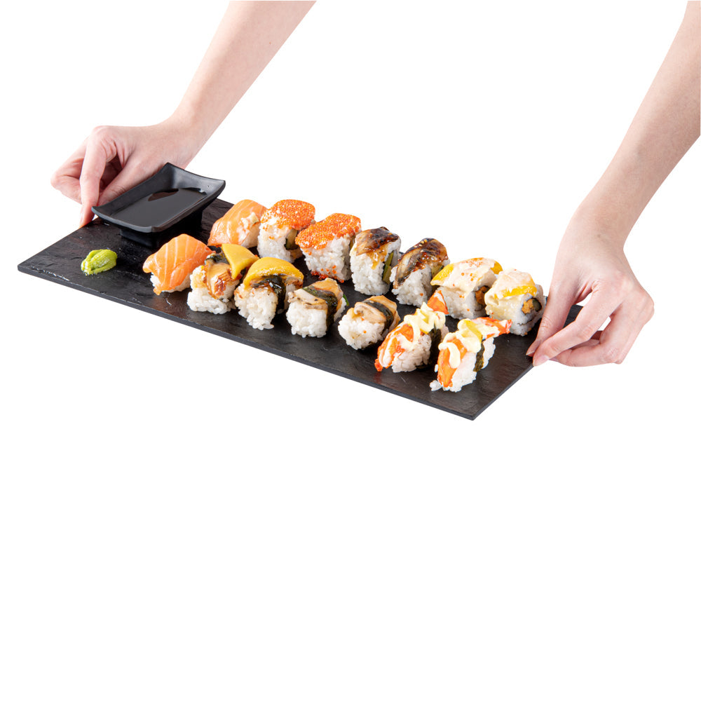 Maxi Serve Rectangle Black Plastic Large Plate - Faux Slate - 16" x 7" - 25 count box