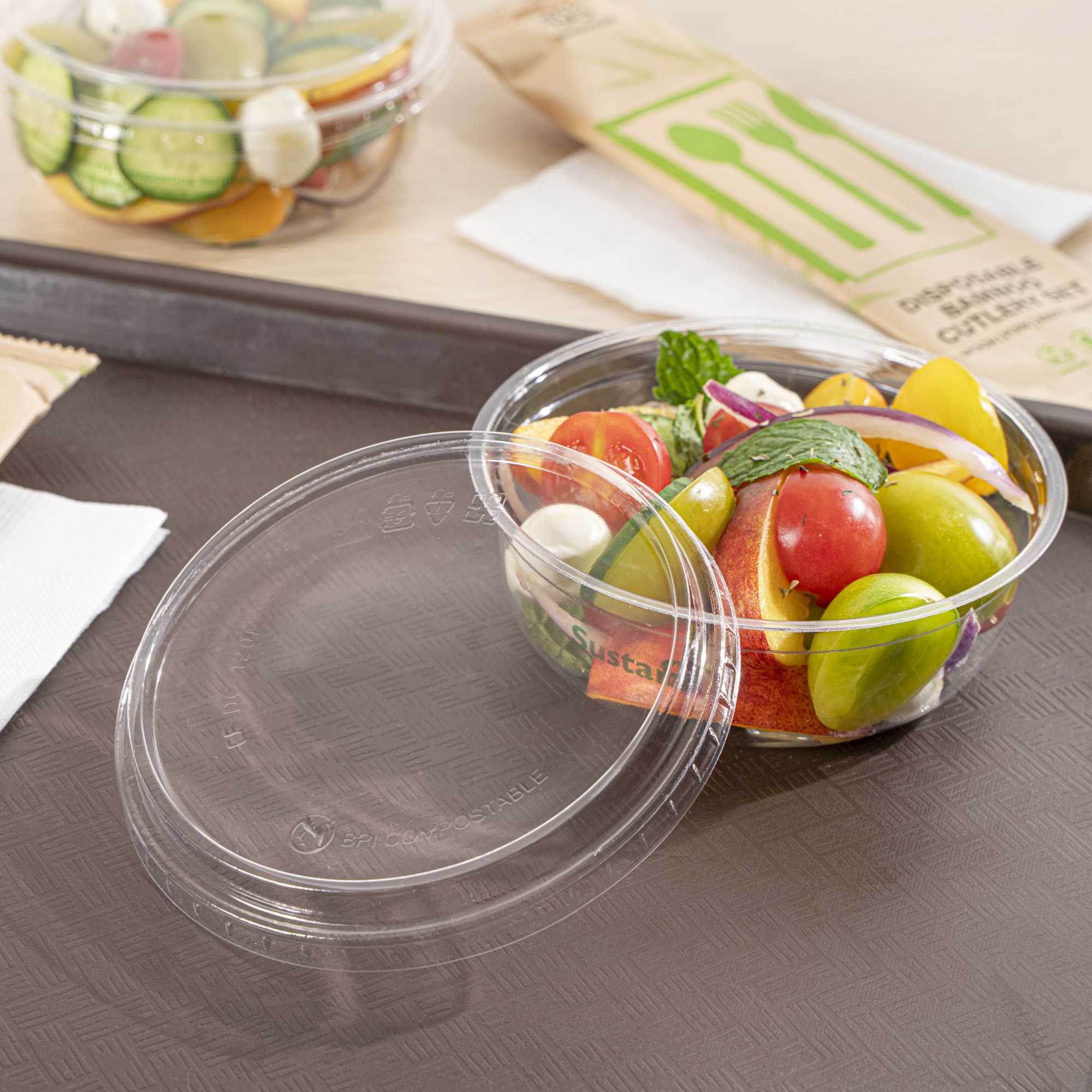 Basic Nature Round Clear PLA Plastic Flat Lid - Fits To Go Deli Container, Compostable - 500 count box