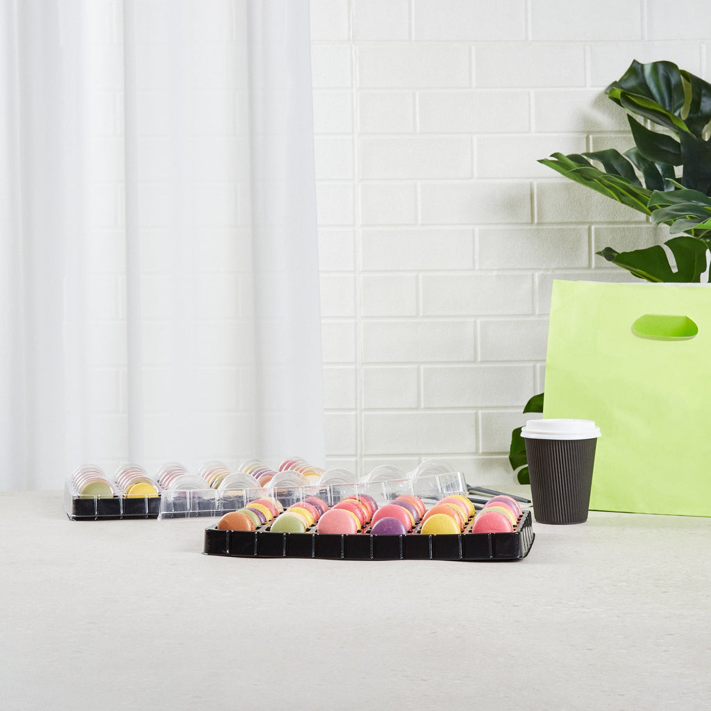 Shock Safe Rectangle Black Plastic Macaron Take Out Box - Fits 36 Macarons - 13 1/4" x 11" x 2" - 100 count box