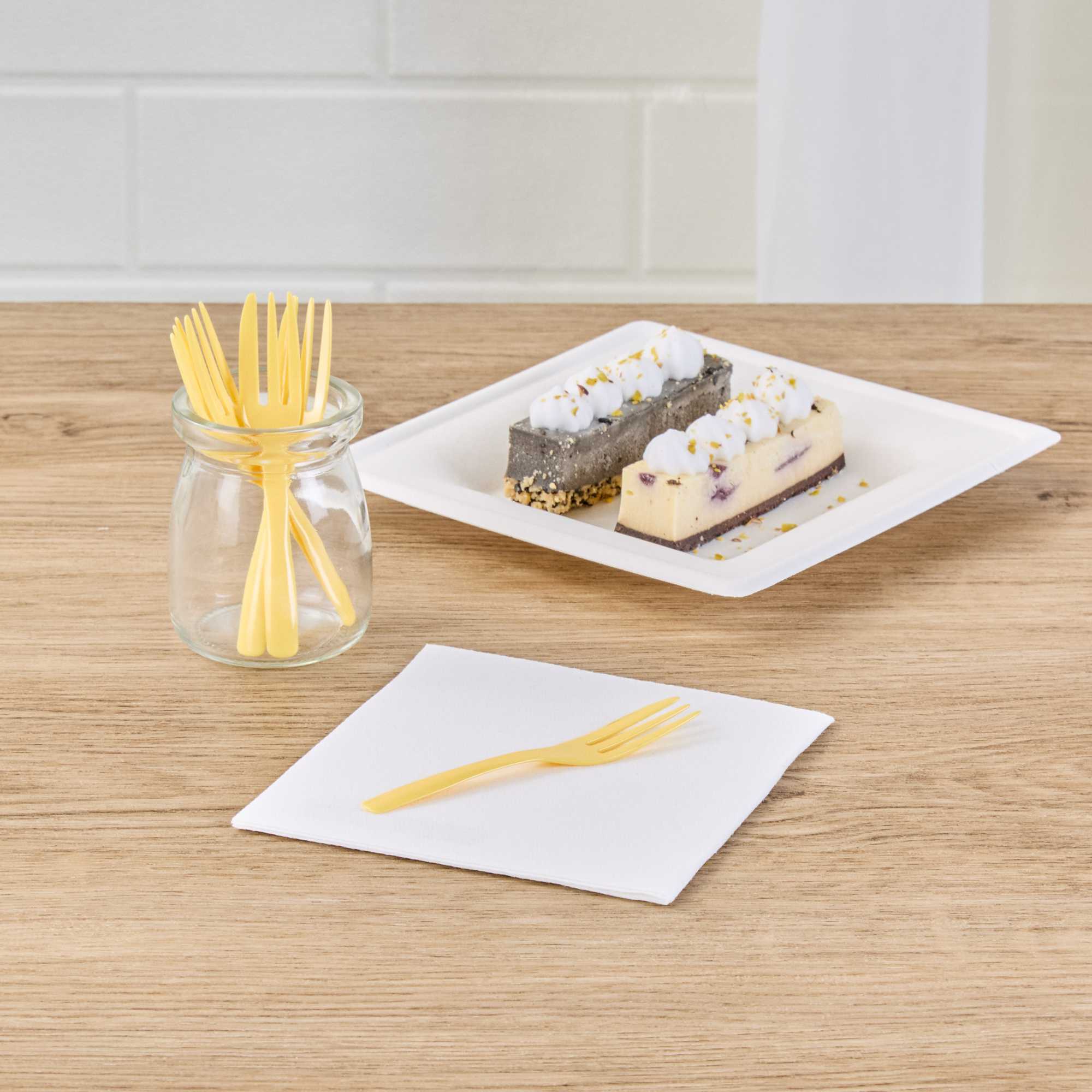 Coppetta Baby Yellow Plastic Cake Fork with Knife Edge - 4" x 3/4" - 100 count box