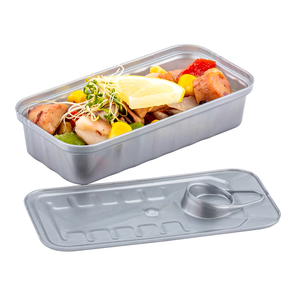 Mini Serve 2 oz Rectangle Silver Plastic Tin Can - with Lid - 4" x 2" x 1" - 20 count box