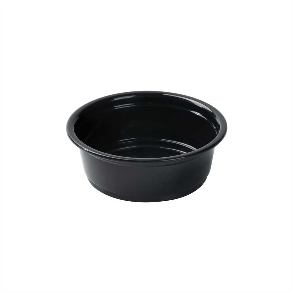 Chef 101 1.5 oz Round Black Plastic Portion Cup - 2 1/2" x 2 1/2" x 3/4" - 2000 count box