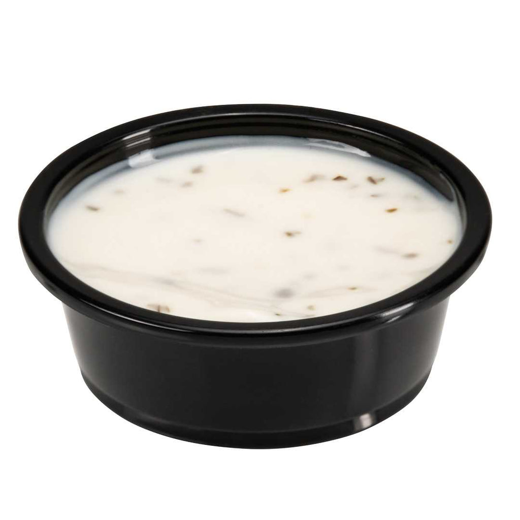 Chef 101 1.5 oz Round Black Plastic Portion Cup - 2 1/2" x 2 1/2" x 3/4" - 2000 count box