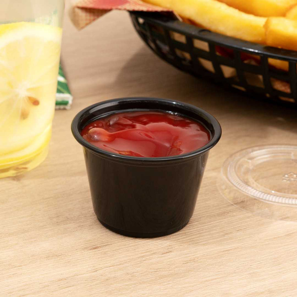 Chef 101 2.5 oz Round Black Plastic Portion Cup - 2 1/2" x 2 1/2" x 1 1/2" - 2000 count box