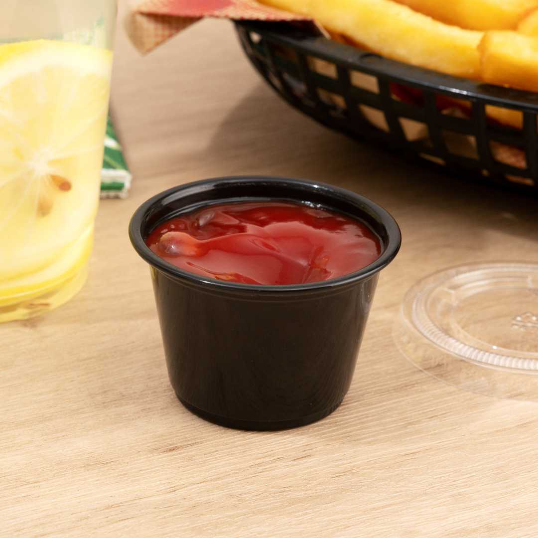 Chef 101 2.5 oz Round Black Plastic Portion Cup - 2 1/2" x 2 1/2" x 1 1/2" - 2000 count box