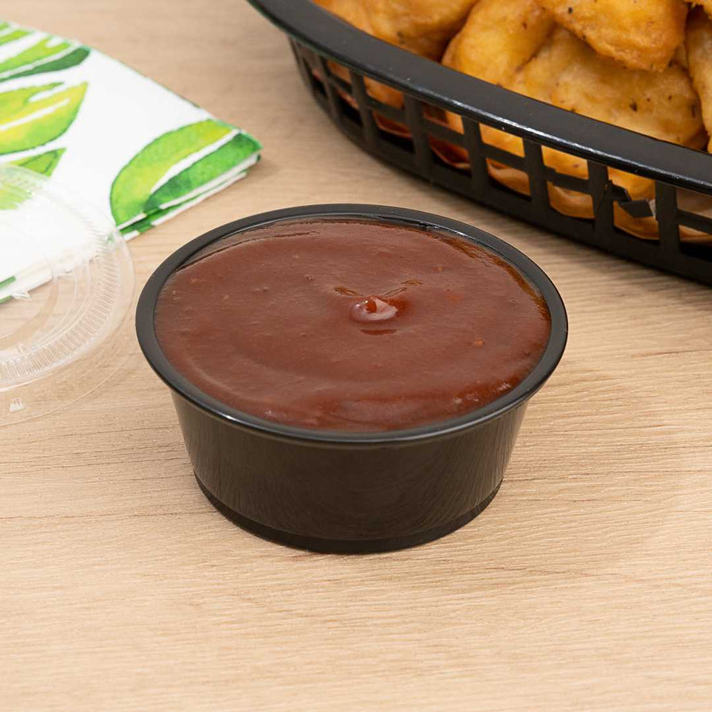 Chef 101 3.3 oz Round Black Plastic Portion Cup - 3" x 3" x 1 1/4" - 2000 count box
