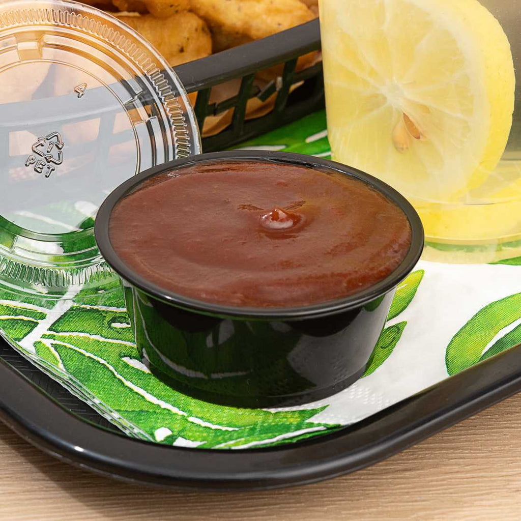Chef 101 3.3 oz Round Black Plastic Portion Cup - 3" x 3" x 1 1/4" - 2000 count box