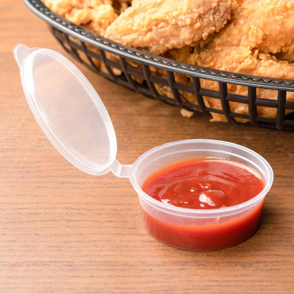 Chef 101 1.5 oz Clear Plastic Portion Cup - with Hinged Lid - 2" x 2" x 1" - 2000 count box