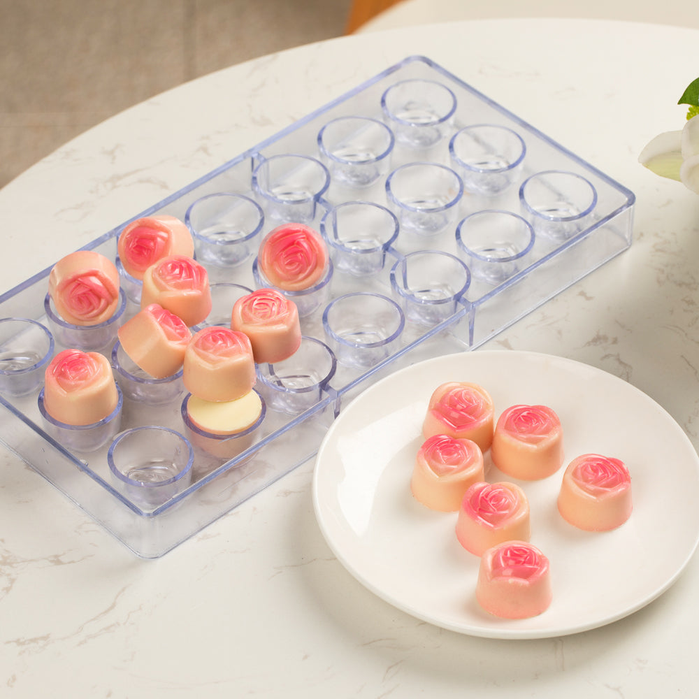 Pastry Tek Polycarbonate Rose Candy / Chocolate Mold - 21-Compartment - 10 count box