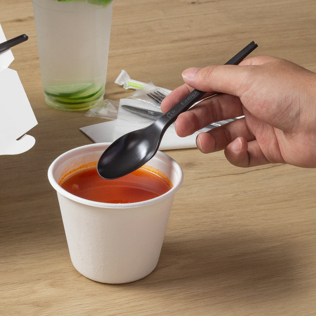 Basic Nature Black CPLA Plastic Spoon - Wrapped, Heat-Resistant, Compostable - 6 1/2" - 250 count box