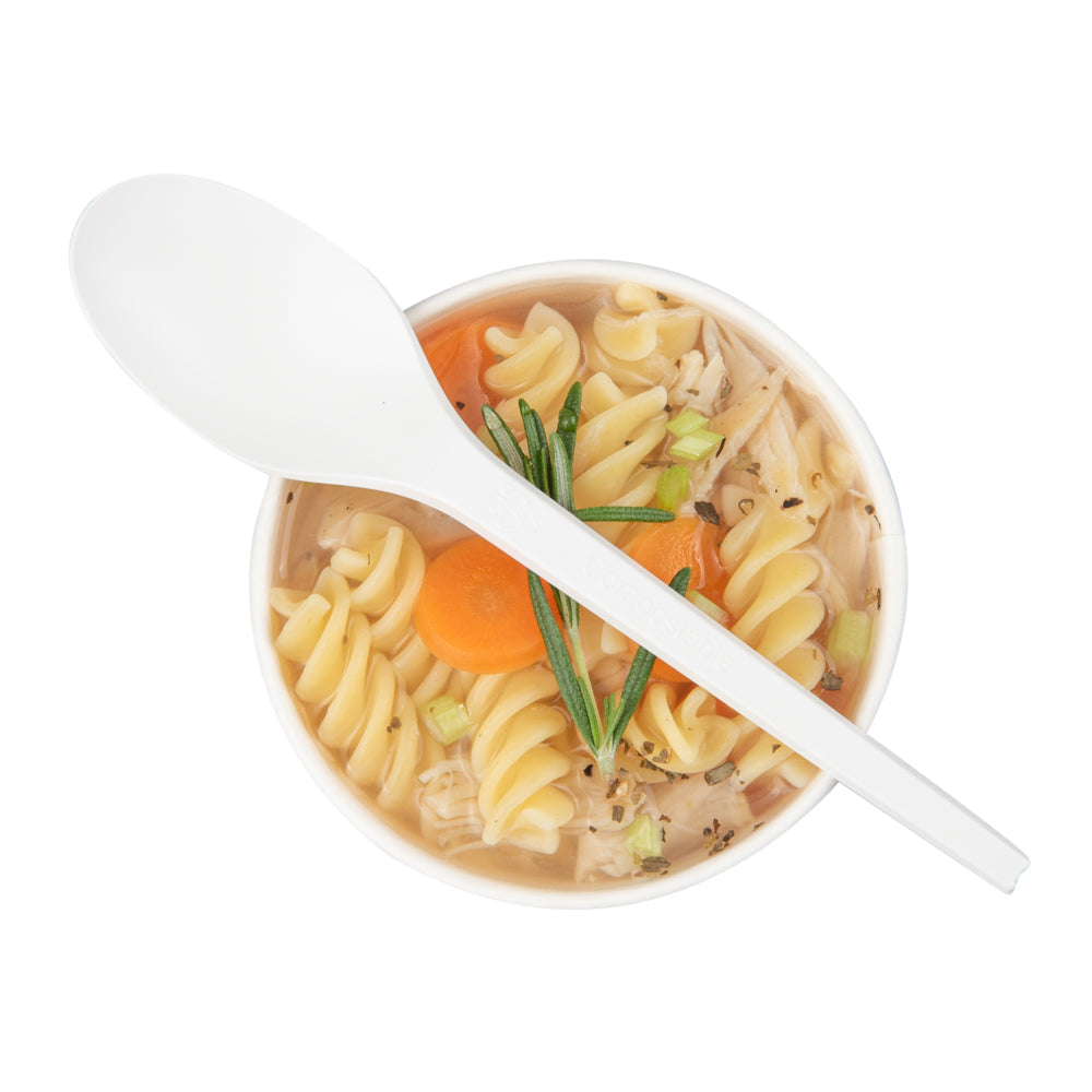Basic Nature White CPLA Plastic Spoon - Wrapped, Heat-Resistant, Compostable - 6 1/2" - 250 count box