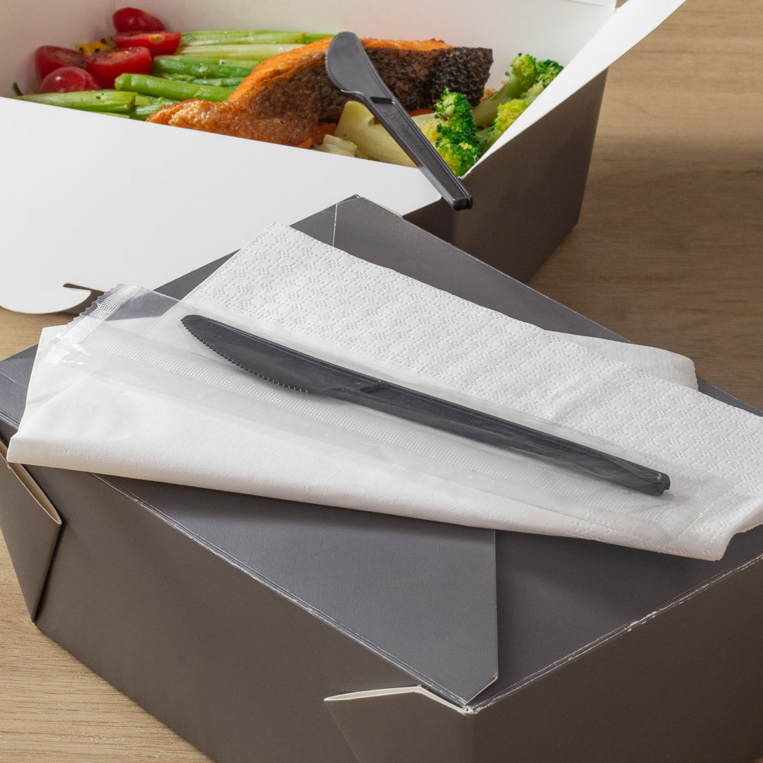 Basic Nature Black CPLA Plastic Knife - Wrapped, Heat-Resistant, Compostable - 6 1/2" - 250 count box