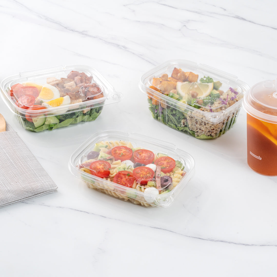 Tamper Tek 12 oz Rectangle Clear Plastic Container - with Hinged Lid, Tamper-Evident - 4 3/4" x 6" x 1 1/2" - 100 count box