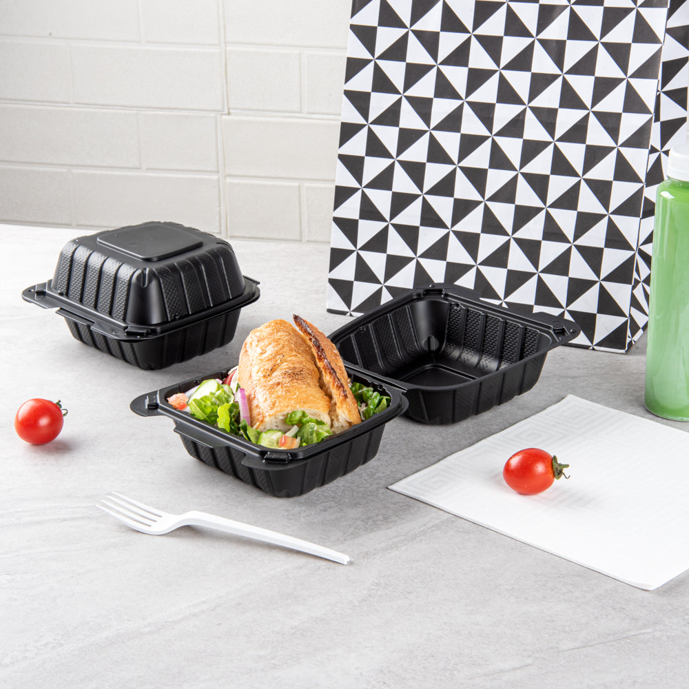Thermo Tek 18 oz Black Mineral-Filled Plastic Clamshell Container - 6" x 6" x 3" - 100 count box