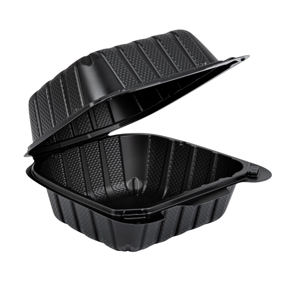 Thermo Tek 18 oz Black Mineral-Filled Plastic Clamshell Container - 6" x 6" x 3" - 100 count box