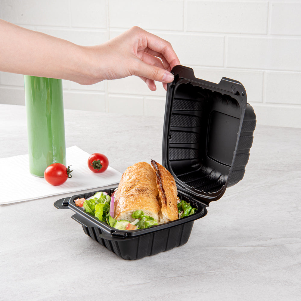 Thermo Tek 18 oz Black Mineral-Filled Plastic Clamshell Container - 6" x 6" x 3" - 100 count box
