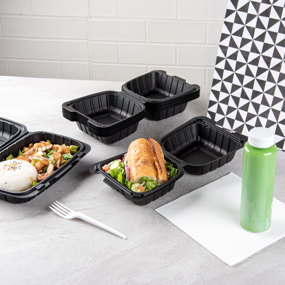 Thermo Tek 18 oz Black Mineral-Filled Plastic Clamshell Container - 6" x 6" x 3" - 100 count box