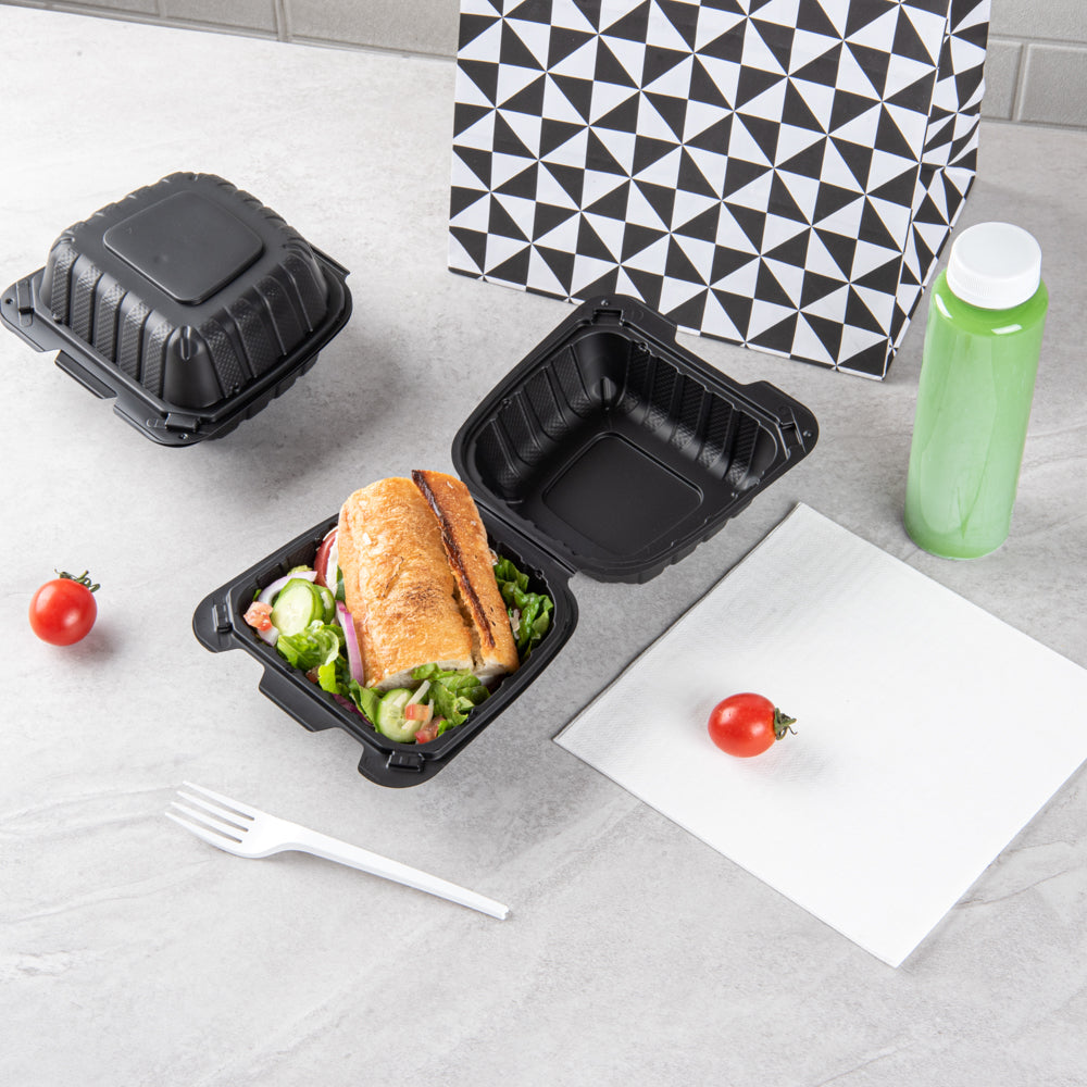 Thermo Tek 18 oz Black Mineral-Filled Plastic Clamshell Container - 6" x 6" x 3" - 100 count box