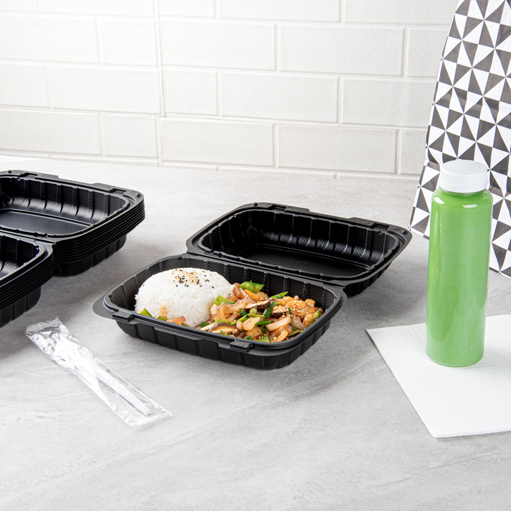 Thermo Tek 30 oz Black Mineral-Filled Plastic Clamshell Container - 9" x 6" x 3" - 100 count box