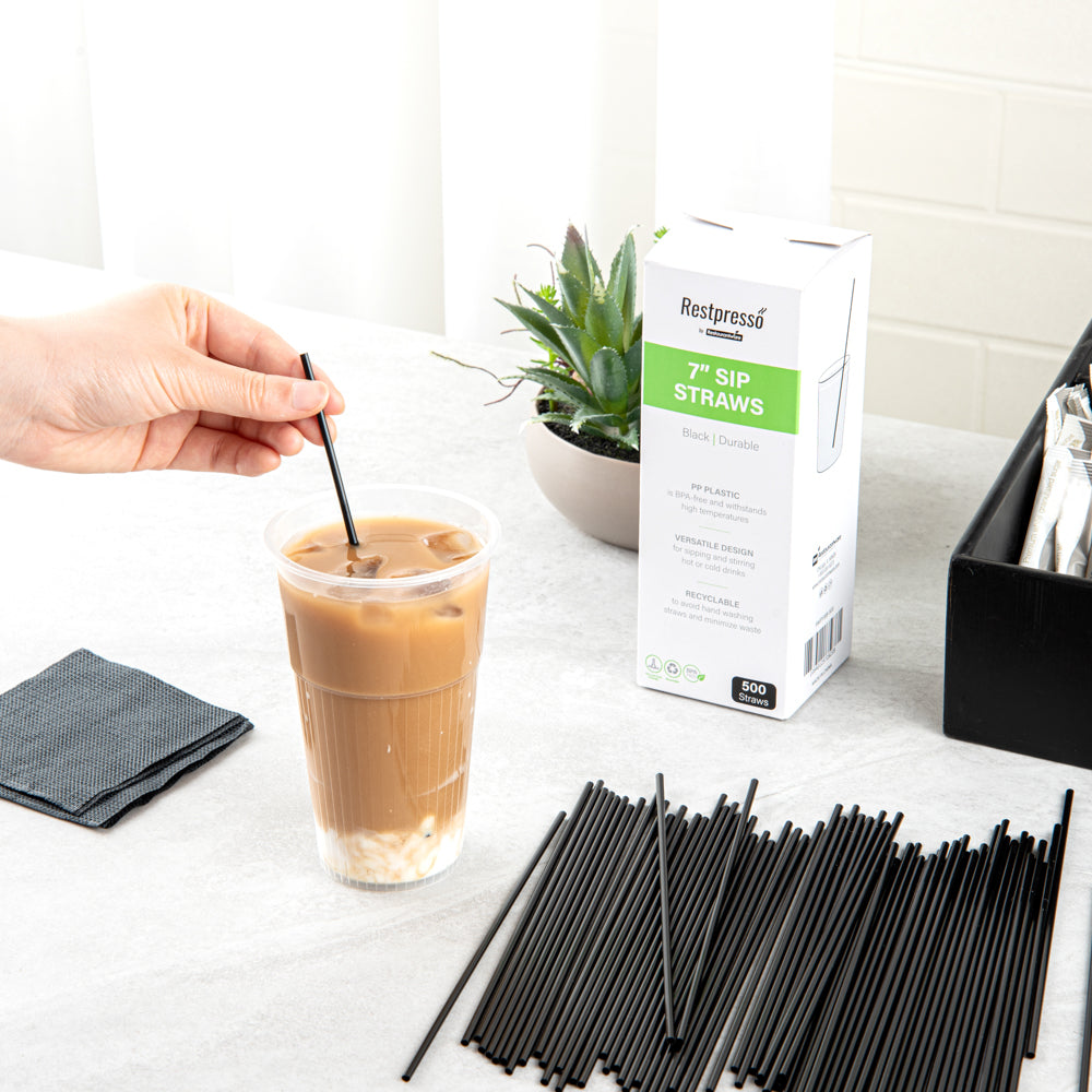 Restpresso Black Plastic Coffee Stirrer / Sip Straw - 7" - 5000 count box