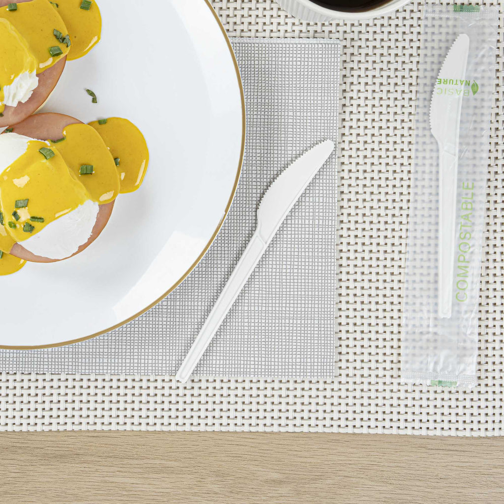 Basic Nature White CPLA Plastic Knife - Compostable Wrapper, Heat-Resistant - 6 1/2" - 250 count box