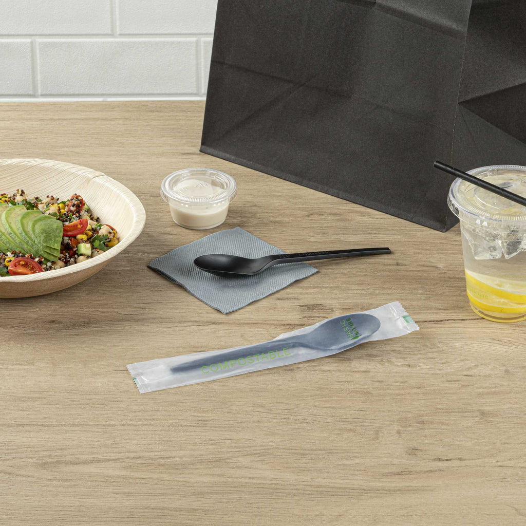 Basic Nature Black CPLA Plastic Spoon - Compostable Wrapper, Heat-Resistant - 6 1/2" - 250 count box