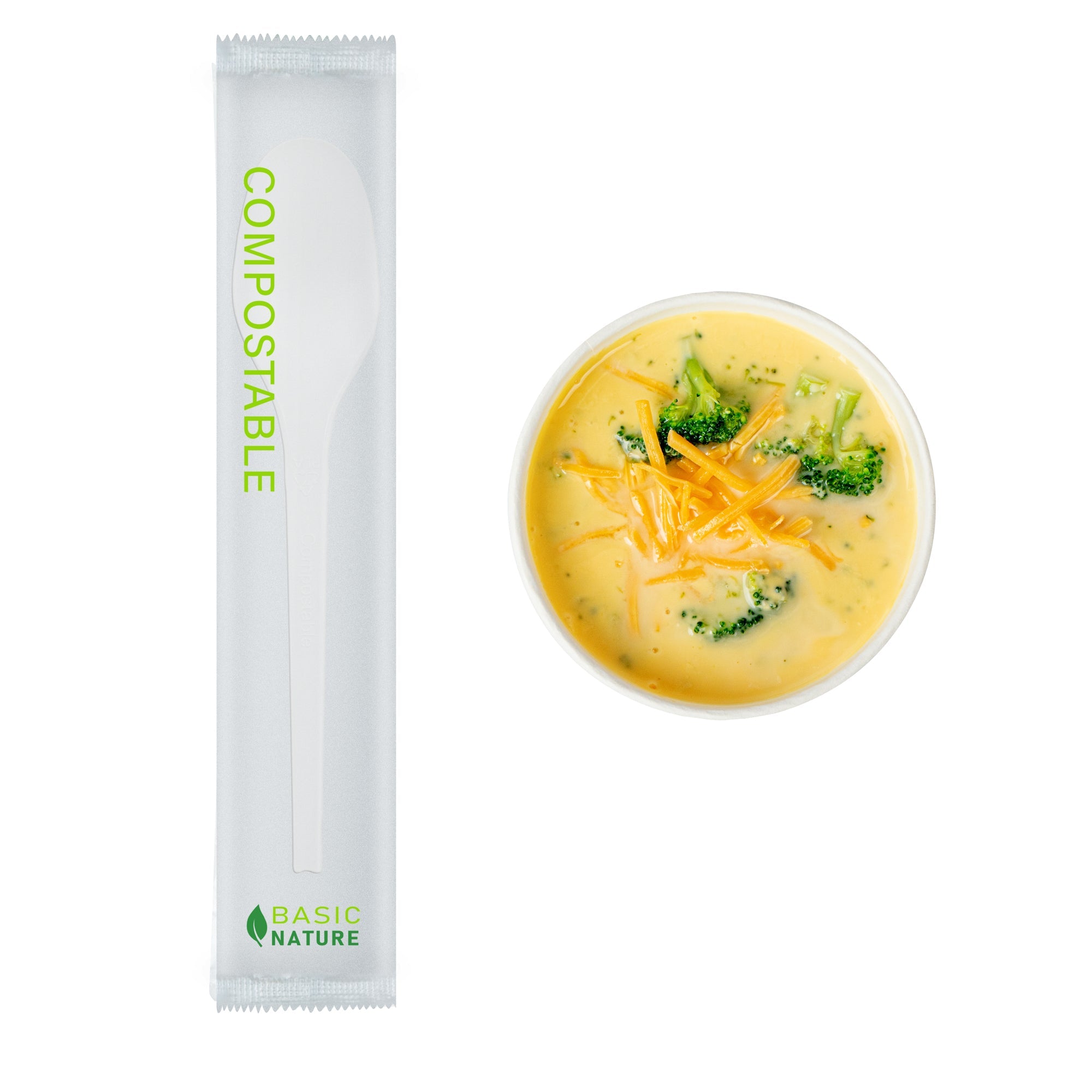 Basic Nature White CPLA Plastic Spoon - Compostable Wrapper, Heat-Resistant - 6 1/2" - 250 count box