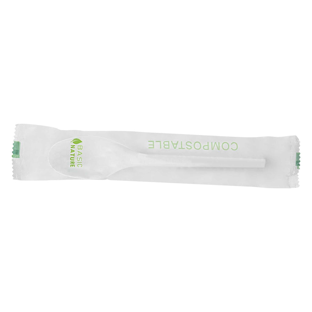 Basic Nature White CPLA Plastic Spoon - Compostable Wrapper, Heat-Resistant - 6 1/2" - 250 count box