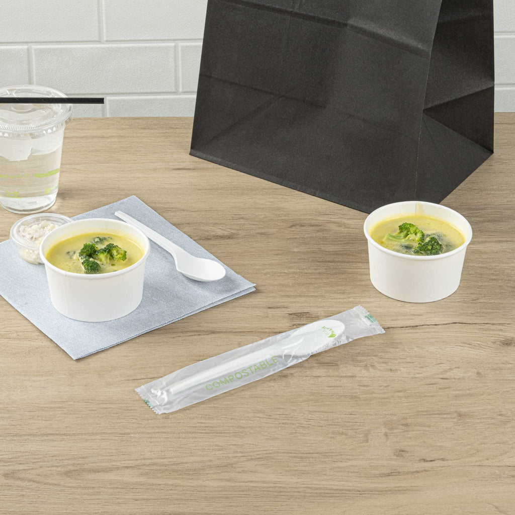 Basic Nature White CPLA Plastic Spoon - Compostable Wrapper, Heat-Resistant - 6 1/2" - 250 count box