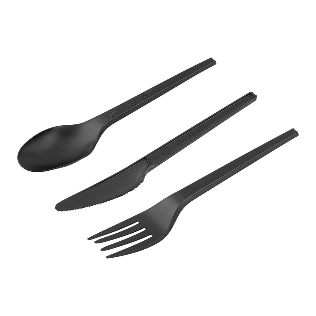 Basic Nature Black CPLA Plastic Cutlery Set - Compostable Wrapper, Heat-Resistant - 6 1/2" - 100 count box