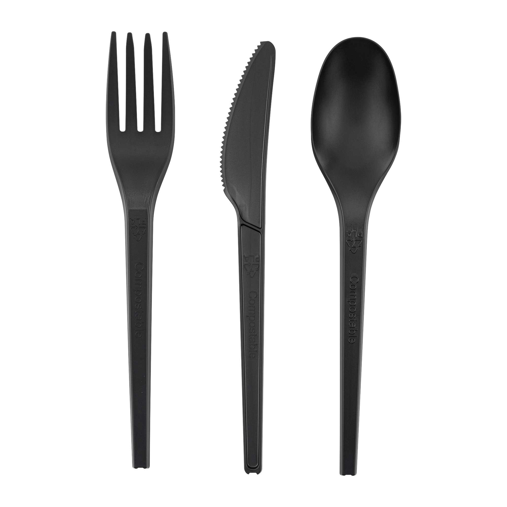 Basic Nature Black CPLA Plastic Cutlery Set - Compostable Wrapper, Heat-Resistant - 6 1/2" - 100 count box