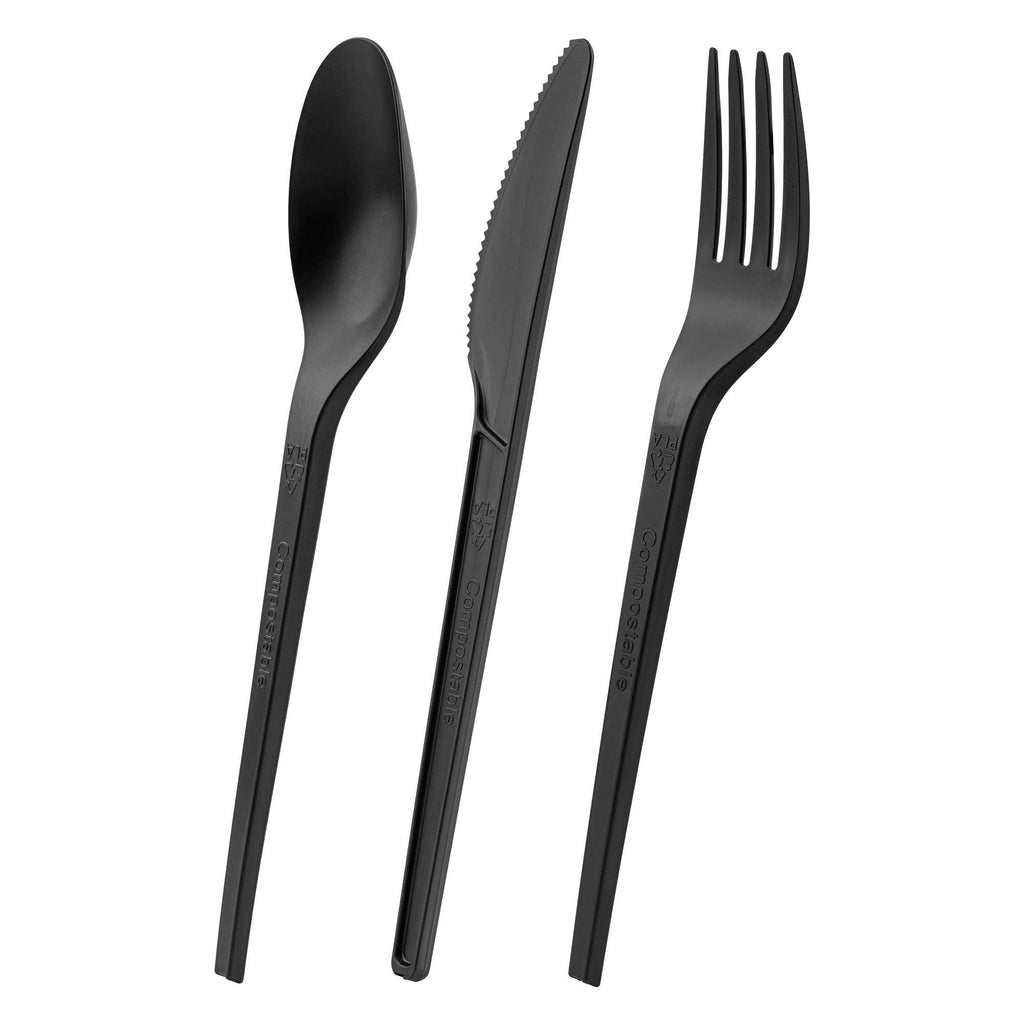 Basic Nature Black CPLA Plastic Cutlery Set - Compostable Wrapper, Heat-Resistant - 6 1/2" - 100 count box