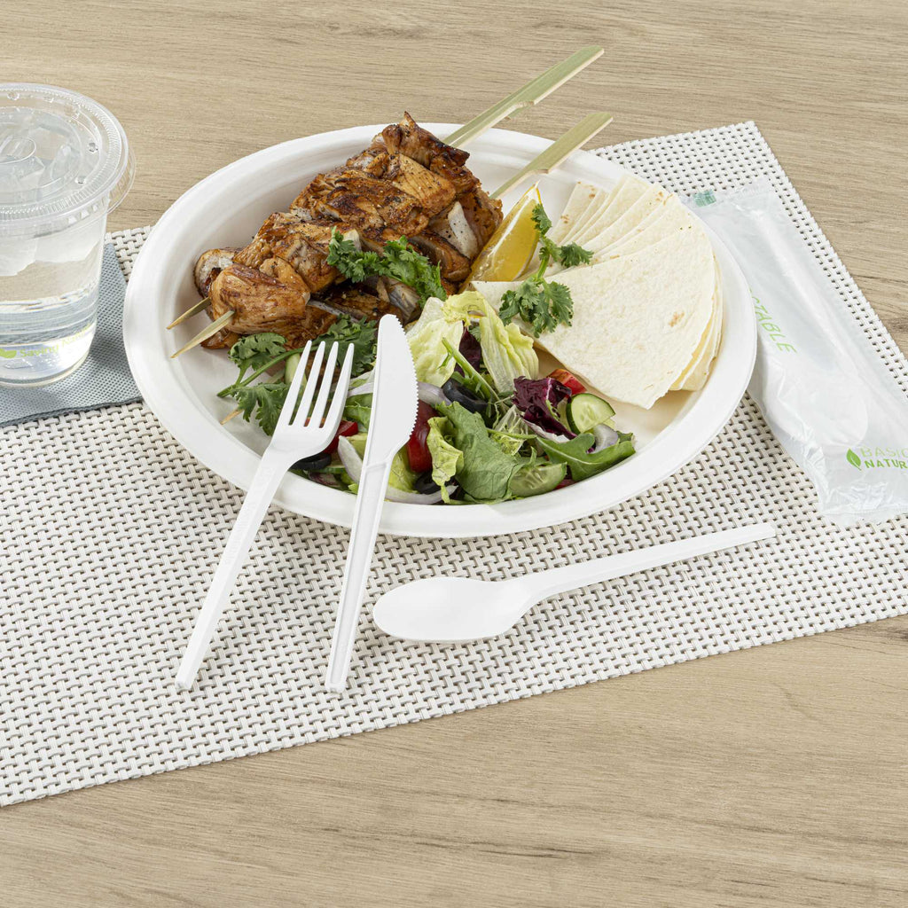 Basic Nature White CPLA Plastic Cutlery Set - Compostable Wrapper, Heat-Resistant - 6 1/2" - 100 count box