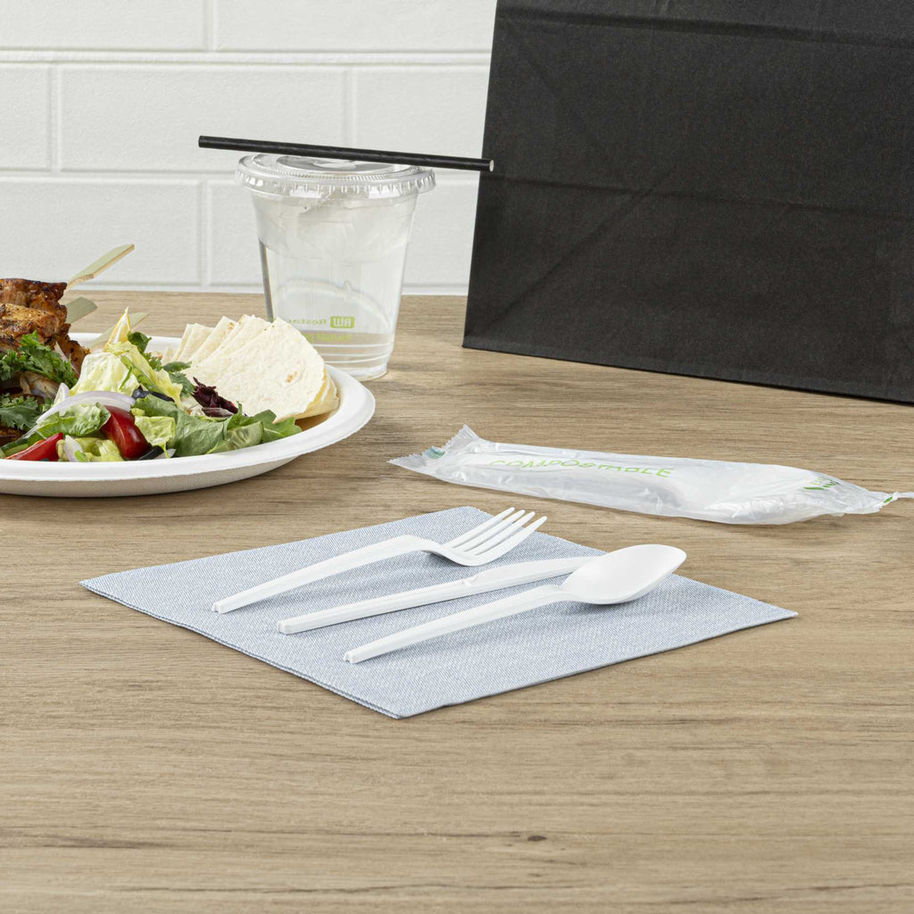 Basic Nature White CPLA Plastic Cutlery Set - Compostable Wrapper, Heat-Resistant - 6 1/2" - 100 count box