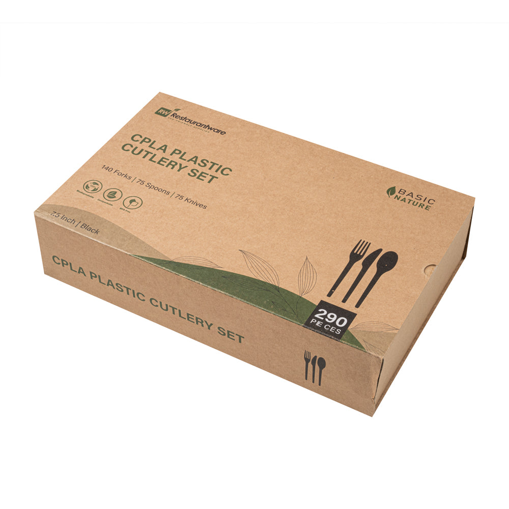 Basic Nature Black CPLA Plastic Cutlery Set - Heat-Resistant, Compostable - 7 1/2" - 290 count box