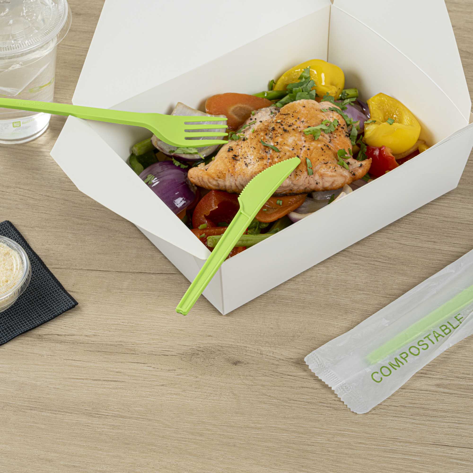 Basic Nature Green CPLA Plastic Knife - Compostable Wrapper, Heat-Resistant - 6 1/2" - 250 count box
