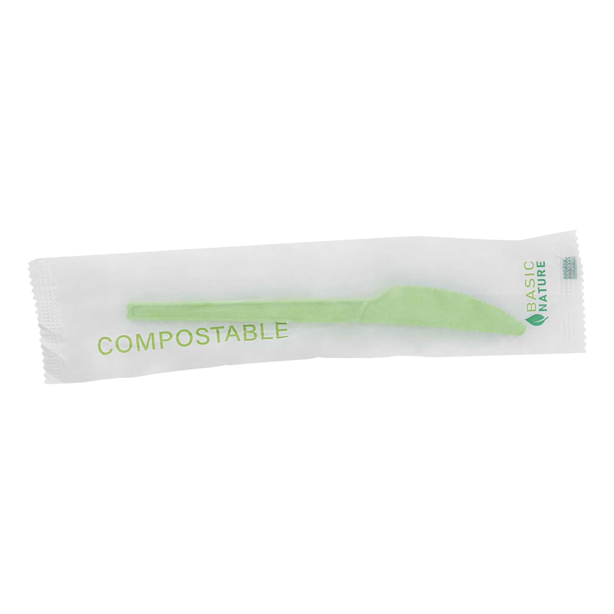 Basic Nature Green CPLA Plastic Knife - Compostable Wrapper, Heat-Resistant - 6 1/2" - 250 count box