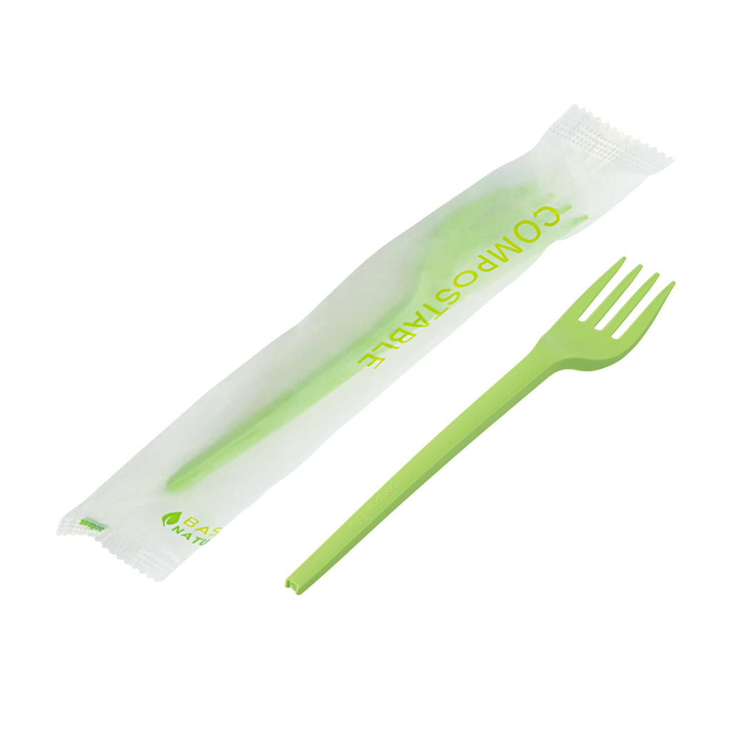 Basic Nature Green CPLA Plastic Fork - Compostable Wrapper, Heat-Resistant - 6 1/2" - 250 count box