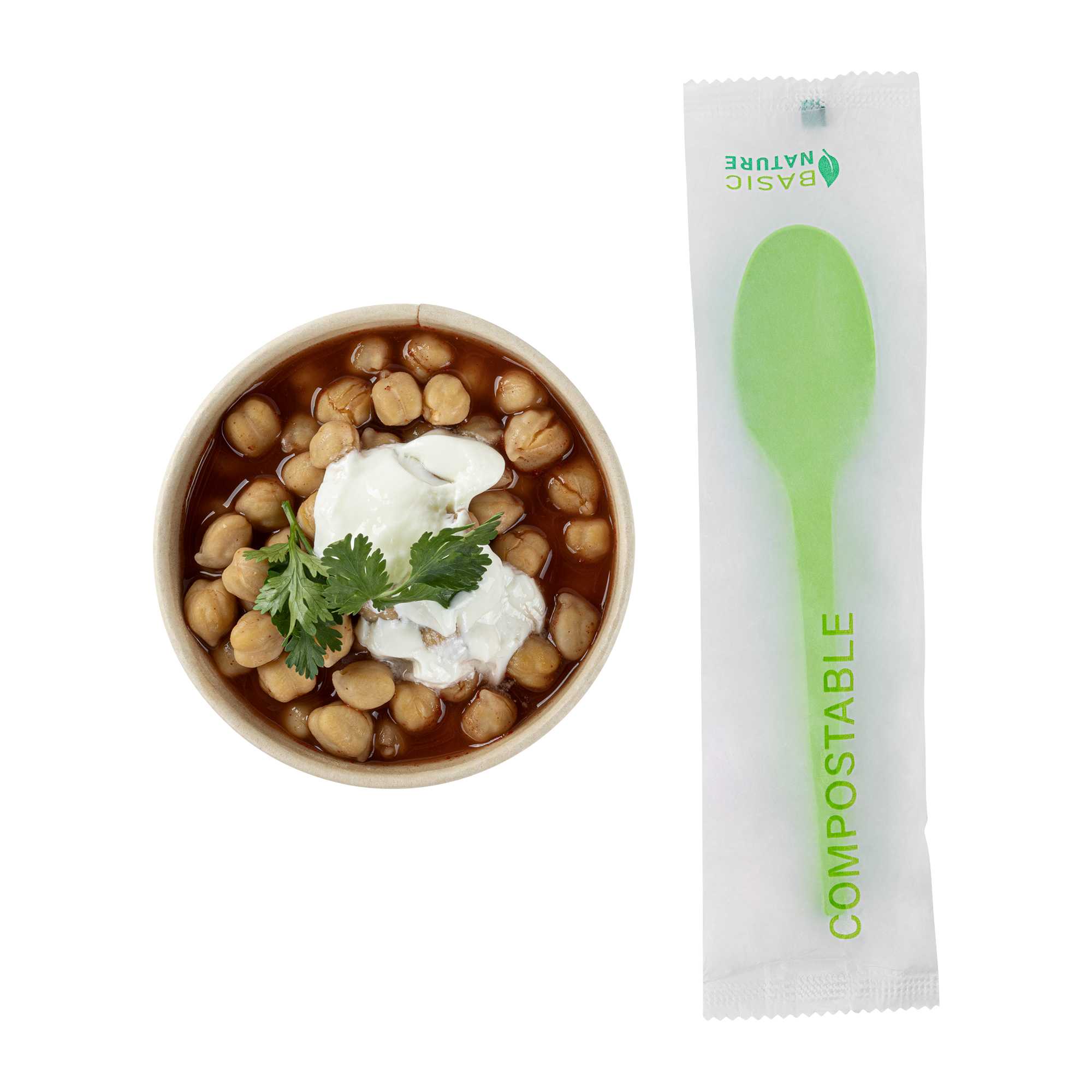 Basic Nature Green CPLA Plastic Spoon - Compostable Wrapper, Heat-Resistant - 6 1/2" - 250 count box