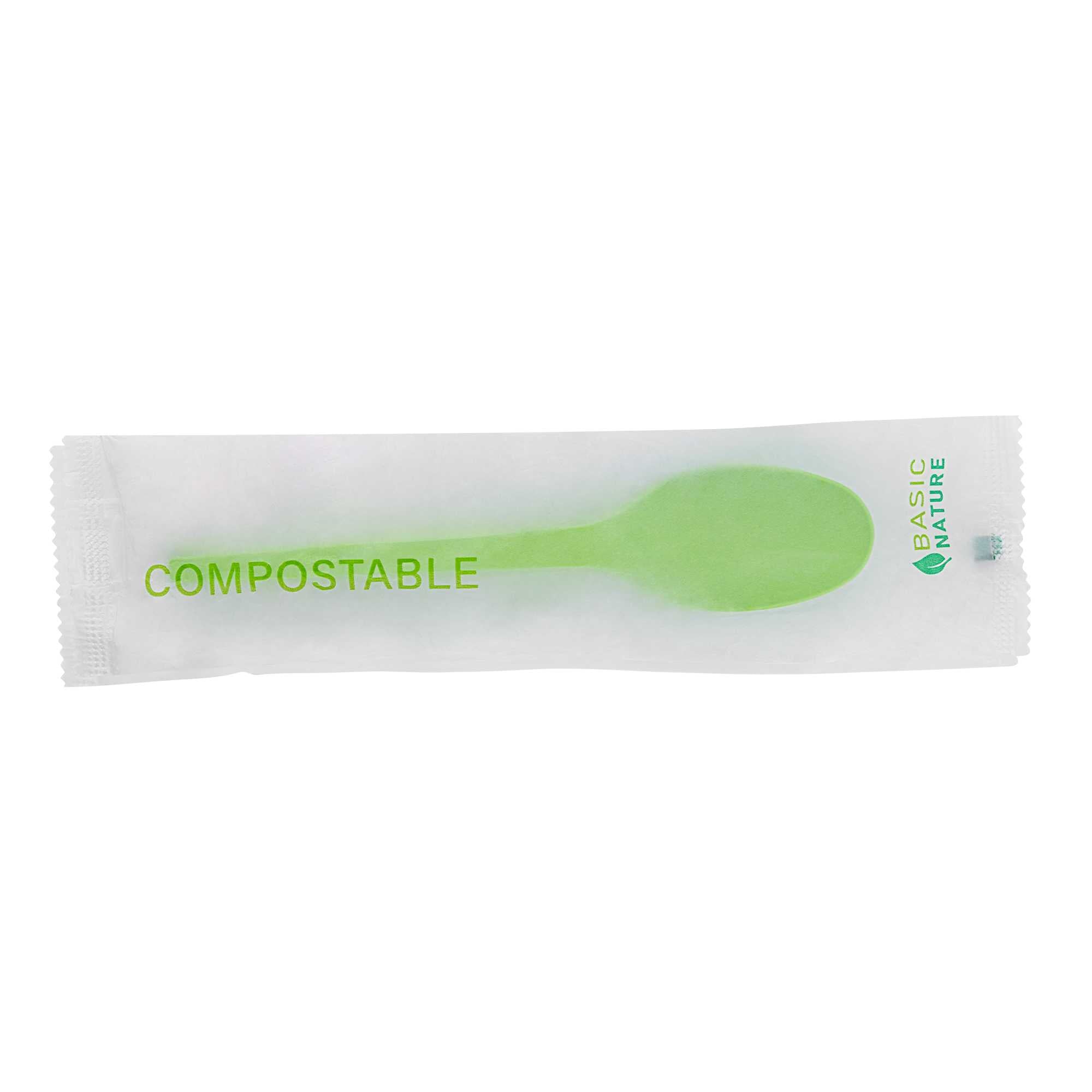 Basic Nature Green CPLA Plastic Spoon - Compostable Wrapper, Heat-Resistant - 6 1/2" - 250 count box