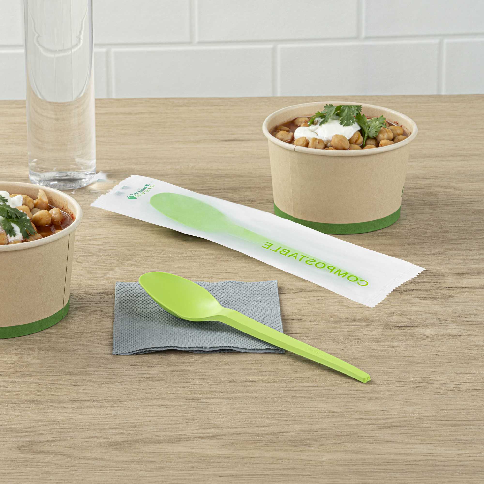 Basic Nature Green CPLA Plastic Spoon - Compostable Wrapper, Heat-Resistant - 6 1/2" - 250 count box