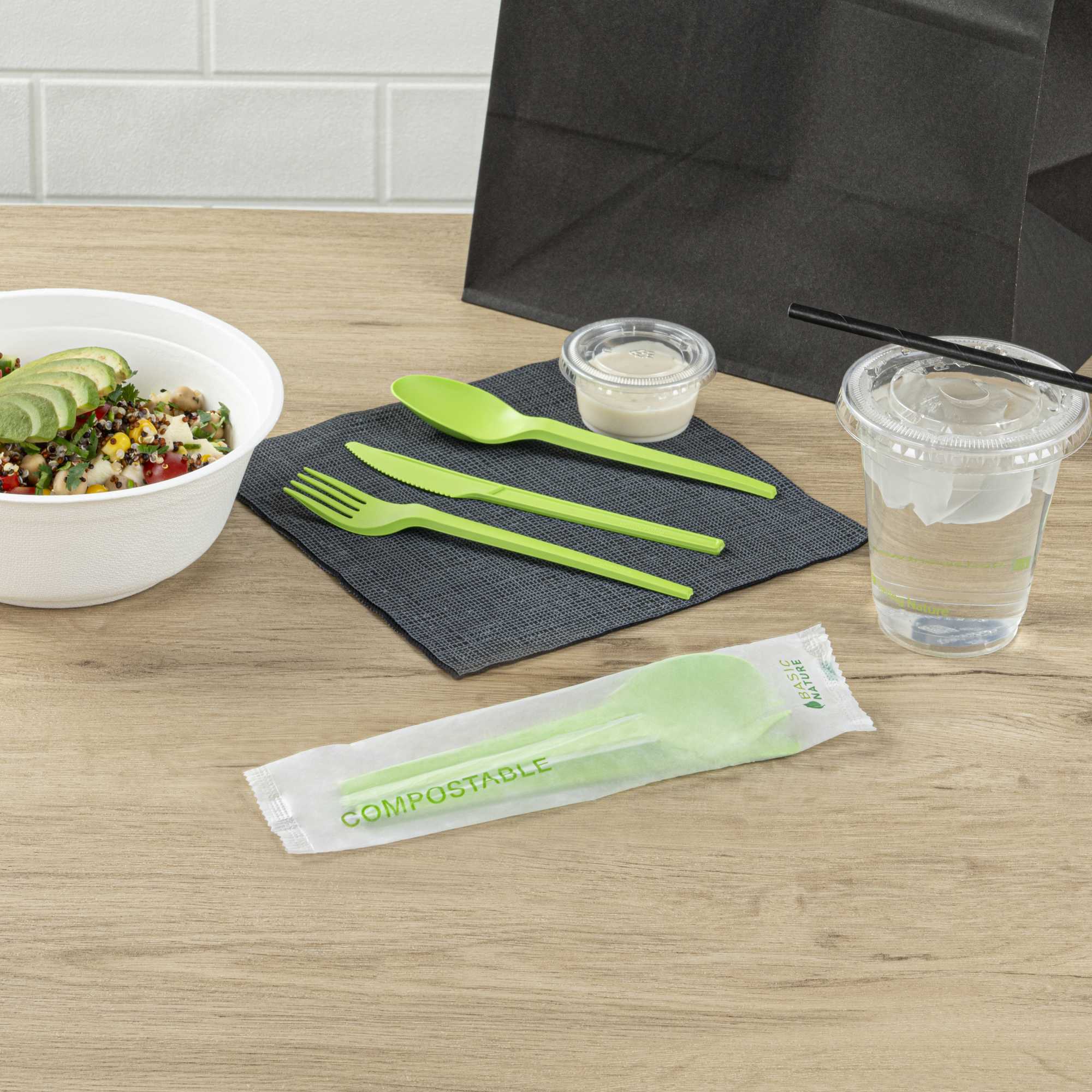 Basic Nature Green CPLA Plastic Cutlery Set - Compostable Wrapper, Heat-Resistant - 6 1/2" - 100 count box